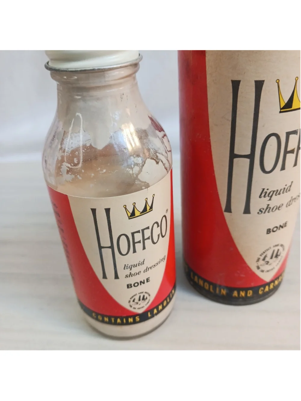 VTG hoffco liquid shoe polish canister tin & paper tube can Bone Color Solution